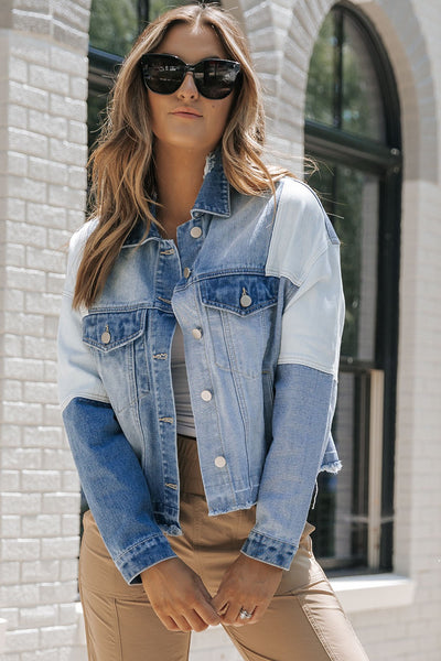 Women's Casual Sky Blue Color Block Denim Jacket with Frayed Hem & Unique Patchwork Design for Effortless Style