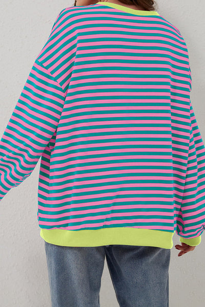 Women's Cozy Green Stripe Oversized Sweatshirt with Contrast Trim - Effortless Casual Pullover for Chic Comfort