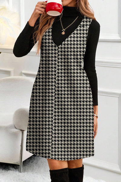 Khaki Houndstooth V-Neck Shift Dress for Women with practical styling and dependable silhouette control.
