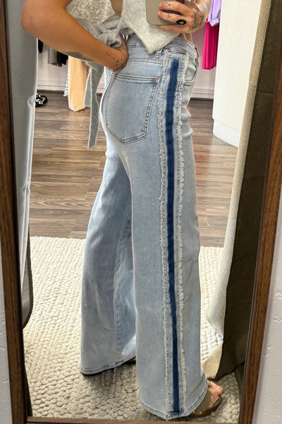 Trendy Casual Women's Frayed Patchwork Shift Jeans in Beau Blue with Stylish Contrast Stripe Side Panels