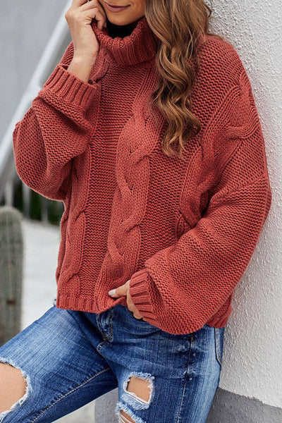 Cozy Women's Fiery Red Handmade Cable Knit Turtleneck Sweater Stylish Warmth for Cuddle Weather Comfort