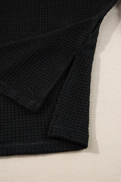Women's Black Waffle Knit V-Neck Top with Side Slits - Relaxed Fit Casual Tee for Effortless Everyday Style