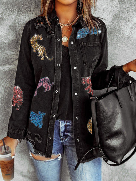 Women's Trendy Black Sequin Tiger Print Distressed Denim Jacket