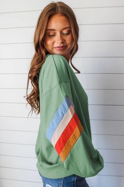 Cozy Women's Moonlight Jade Loose Fit Crew Neck Sweatshirt with Rainbow Stripes - Perfect for Everyday Casual Style