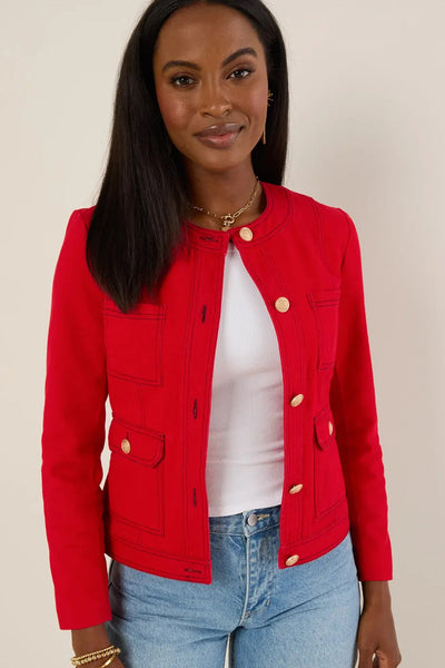 Chic Women's Fiery Red Tailored Jacket with Patched Pockets and Gold Buttons - Stylish Outerwear for Every Occasion