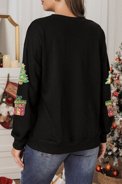 Women's Black Sequin Christmas Tree Sweatshirt with Drop Shoulders