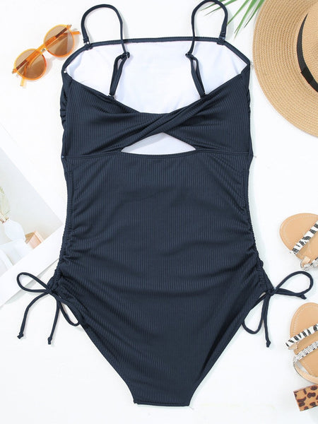 Nautical Blue Ribbed Ruched Drawstring Monokini