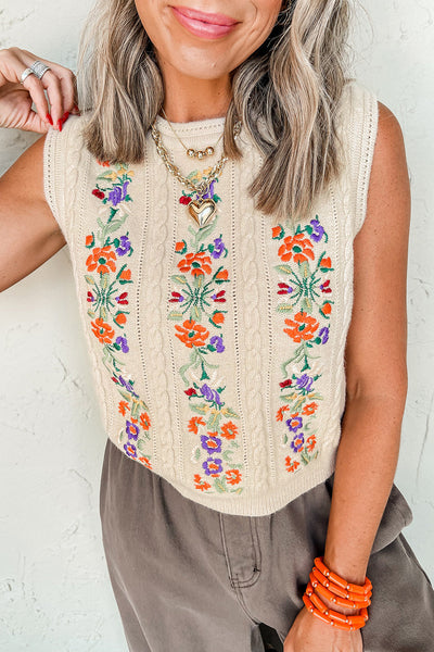 Cozy Women's Floral Embroidered Cable Knit Sweater Vest in Jet Stream - Ideal for Layering and Fall Styles