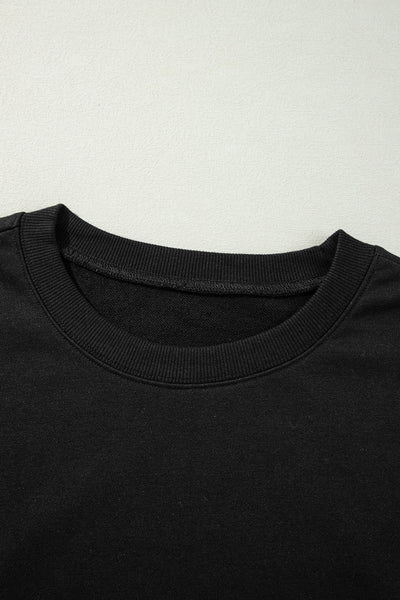Women's Black Drop Shoulder Sweatshirt with Exposed Seams and Side Slits - Casual, Cozy Fit for Everyday Style