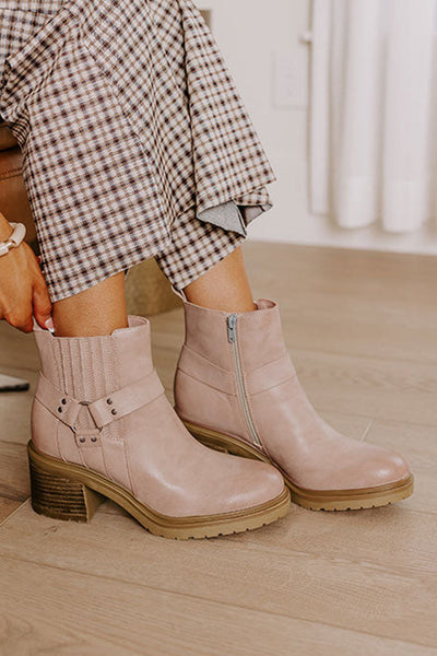 Beige Chunky Heel Ankle Boots for Women with Stylish Ring Zipper - Comfortable Footwear Perfect for Any Occasion