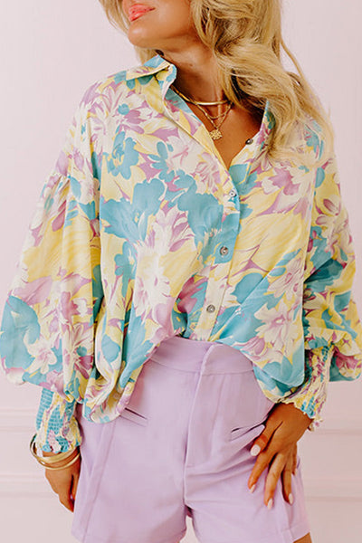 Chic Women's Oversized Yellow Floral Shirt with Shirred Cuffs for Effortless, Relaxed Style and Comfort