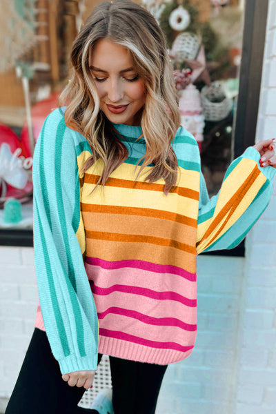 Cozy Women's Yellow Gradient Striped Ribbed Sweater - Loose Fit for Casual Chic Style