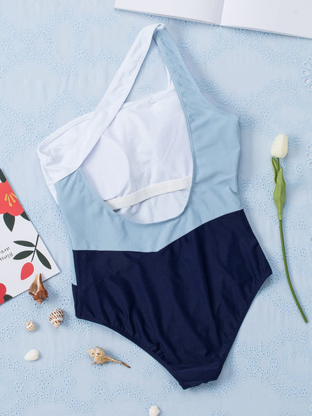 Sky Blue Color Block One Shoulder Backless Swimsuit for Women