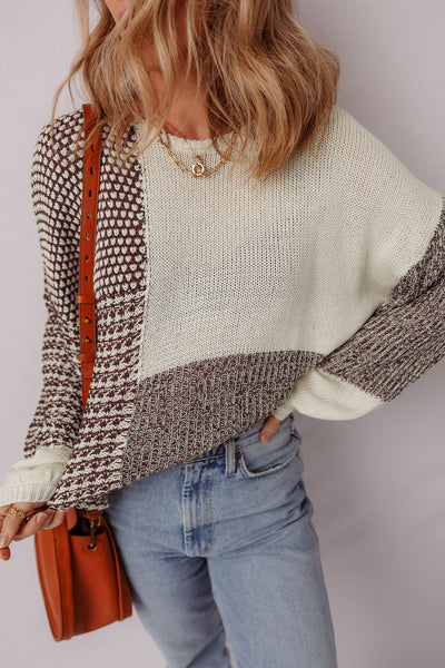 Women's Dark Khaki Color Block Sweater with Back Tie, Drop Shoulder, and Relaxed Fit for Effortless Chic Style