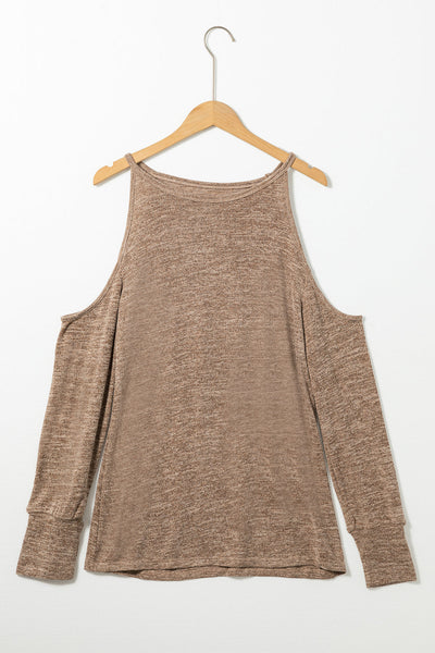 Women's Heather Gray Distressed Cold-Shoulder Cotton Blend Sweatshirt