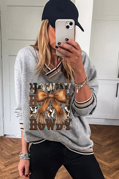 Women's Howdy Western Graphic V-Neck Sweatshirt with Fringed Bow
