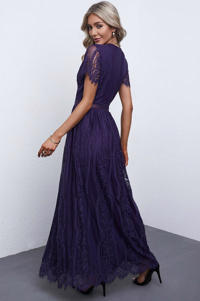 Women's Floral Crochet Lace V-Neck Midi Dress with Bell Sleeves