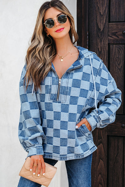 Women's Checkerboard Denim Pullover Hoodie with Quarter-Zip