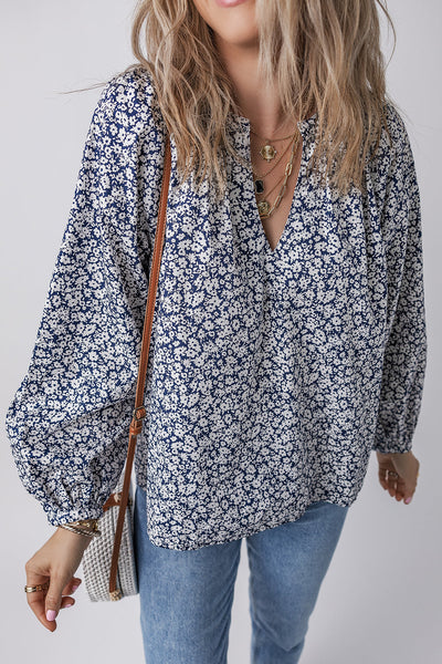 stylish women's blue floral puff sleeve blouse with notched v-neck - comfortable summer top for effortless chic made for easy styling and wardrobe
