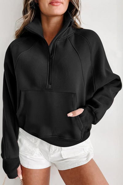 Cozy Women's Black Fleece-Lined Zip-Up Sweatshirt with Stand Collar & Thumbhole Sleeves for Ultimate Comfort and Style