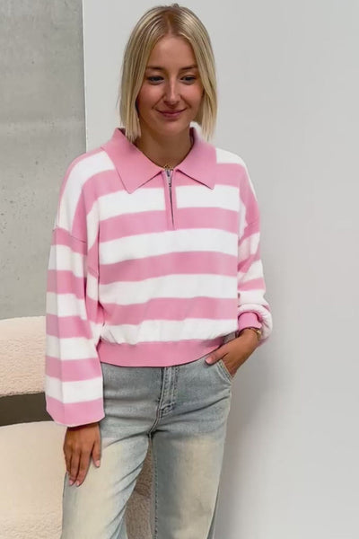 Effortless Casual Women's Pink Striped Sweater with Zipped Collar & Drop Shoulder for Ultimate Comfort and Style