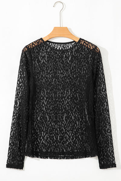 Women's Black Leopard Print Sheer Mesh Long Sleeve Blouse - Trendy, Lightweight, Perfect for Layering and Styling