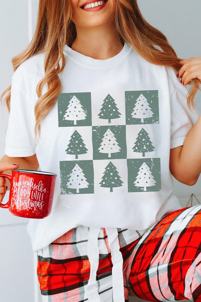 Vintage Christmas Tree Graphic Tee in Sage & White