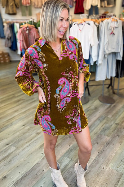 Women's Khaki Boho Velvet Mini Dress with V-Neck and Long Sleeves, Featuring Paisley Floral Print for Effortless Chic