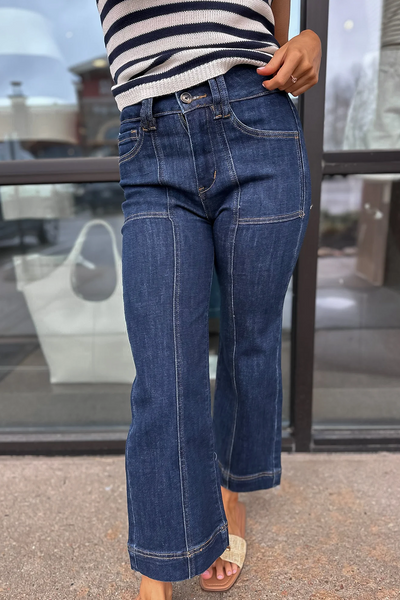 Women's Flattering High Waist Straight Leg Jeans in Dirty Blue with Stylish Contrast Seaming for Everyday Wear