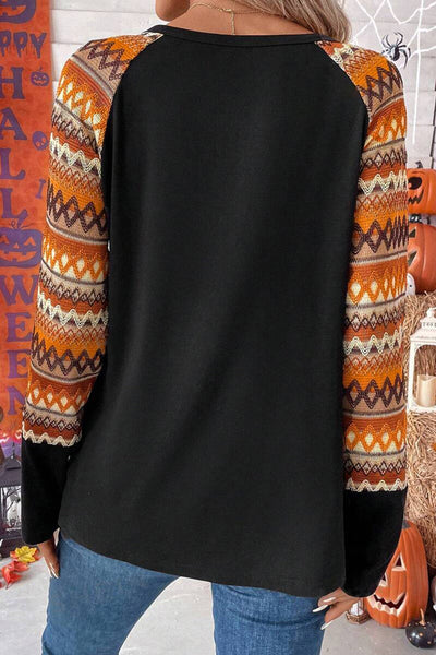 Women's Orange Geo Print Long Sleeve Raglan Tee with Patchwork Design Casual and Comfortable Fit