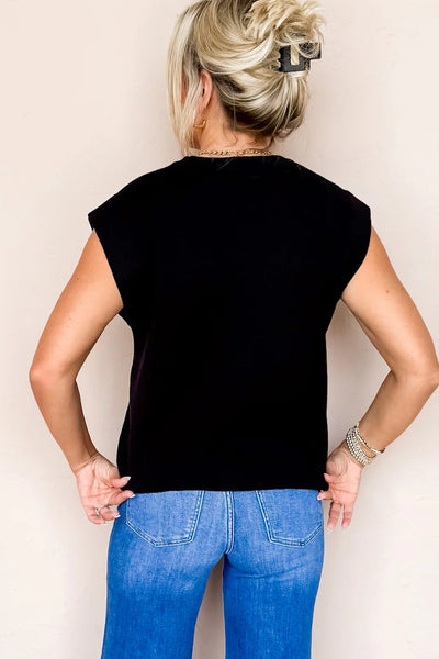 Chic Women's Black Crew Neck Knit Sweater with Cap Sleeves - Cozy & Stylish for Everyday Casual Wear