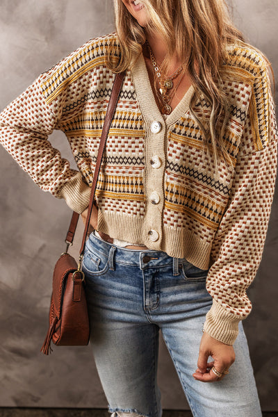 Stylish Women's Khaki V-Neck Cropped Cardigan with Buttons for Effortless Comfort and Trendy Outfits