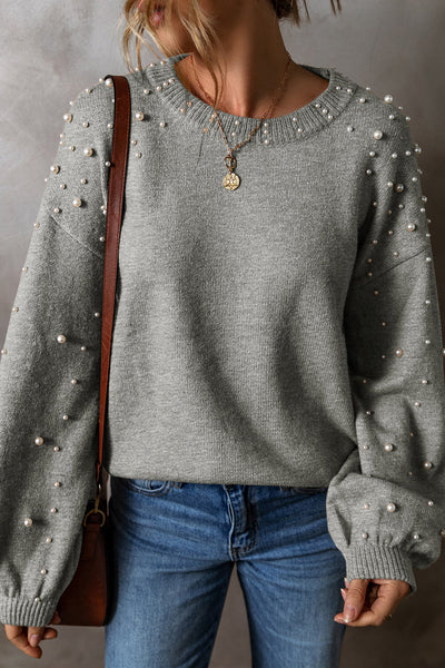 Light Grey Pearled Drop Shoulder Sweater for Women - Cozy Round Neck Knit Top for Chic Casual Style and Comfort