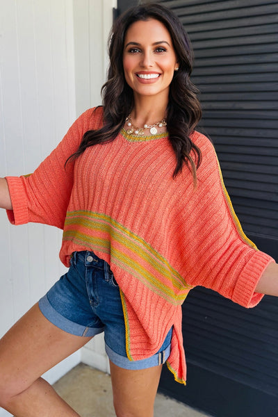 Cozy Women's Oversized Salmon Striped V-Neck Dolman Sleeve Sweater with Side Slits for Casual Chic Style