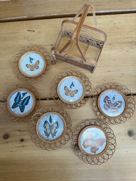 Vintage Rattan Butterfly Coaster Set