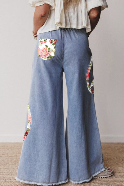 Floral Embroidered Wide Leg Jeans for Women - Stylish Casual Denim Pants for Comfort and Trendy Everyday Wear