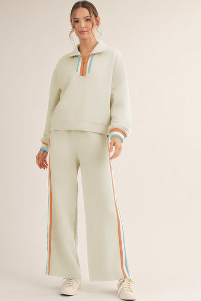 Women's Apricot Striped Quarter Zip Pullover and Relaxed Fit Pants Set - Chic and Cozy Loungewear Ensemble