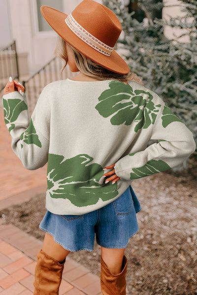 Cozy Women's Green Floral Oversized Sweater with Wide Sleeves for Chic Fall Style and Comfort