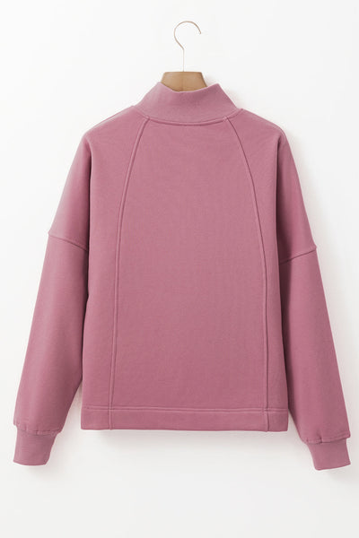 Cozy Fuchsia Women's Drop Shoulder Sweatshirt with Zipped Neck - Casual Everyday Style for Effortless Comfort