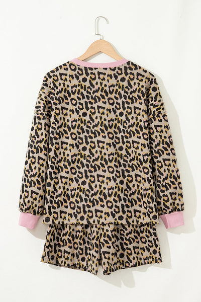 Trendy Women's Pink Leopard Print Lounge Set with Long Sleeve Pullover & Shorts - Stylish Casual Comfort Outfit