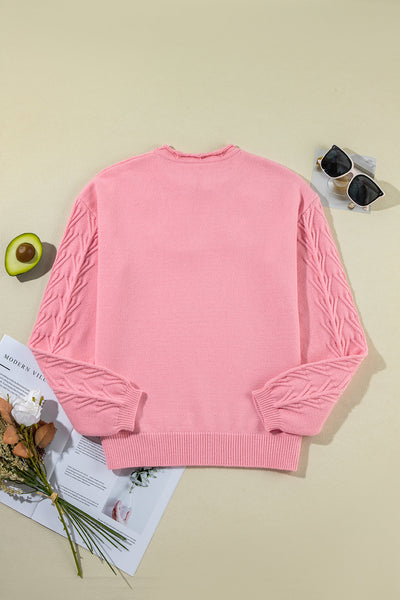 Women's Peach Blossom Knit Sweater with Notched Neck and Floral Details - Cozy, Stylish, Perfect for Spring Outfits