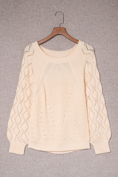 Chic Beige Women's Hollow-Out Knit Sweater with Puffy Sleeves Cozy Fall Fashion Essential for Stylish Ladies