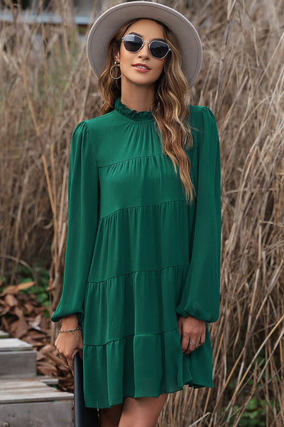 Women's Plus Size Round Neck Loose Casual Pleated Mini Dress