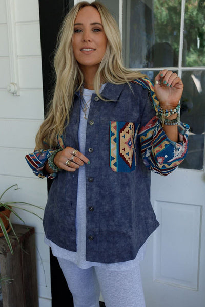 Stylish Women's Dirty Blue Aztec Print Corduroy Shacket - Cozy Button-Down Overshirt for Effortless Layering