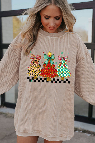 Women's Corded Ribbed Apricot Christmas Tree Graphic Sweatshirt
