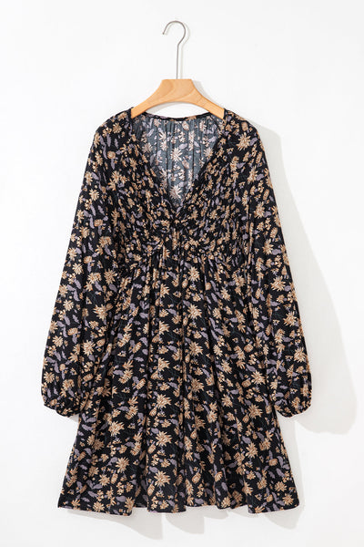 Women's Black Floral V-Neck Smocked Midi Dress with Long Sleeves