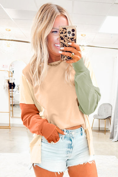 Trendy Beige Color Block Casual Sweatshirt for Women with Split Hem - Comfortable Everyday Fashion Essentials