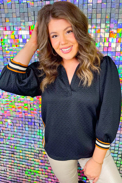 Plus Size Women's Stylish Black Colorblock Striped Blouse with Puff Sleeves and Textured Fabric for Trendy Looks