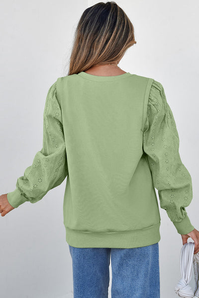 Casual Chic Women's Mist Green Solid Patchwork Sweatshirt - Long Sleeve Round Neck Top for Everyday Comfort