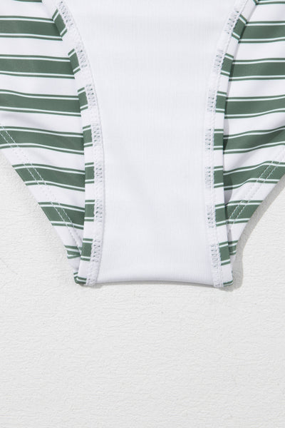 Striped Zip-Up Racerback High Waist Bikini Set in White
